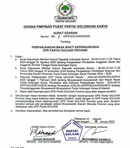 DPP Golkar Perpanjang Masa Bakti DPD Golkar Riau Hingga Jadwal Musda 