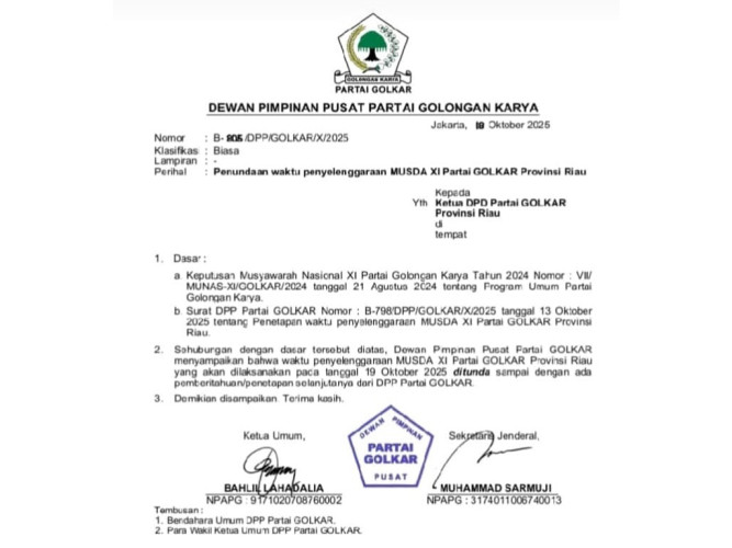 DPP Golkar Tunda Pelaksanaan Musda Riau Lewat Surat Resmi